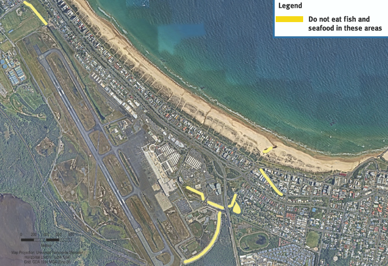 Map of Coolangatta Creek with areas shaded yellow showing where not to eat fish and other seafood from
