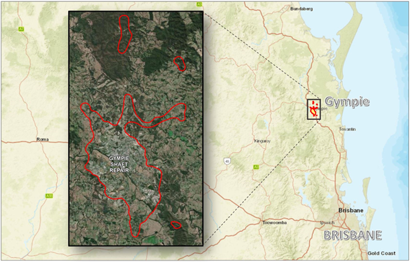 Map with aerial photo inset showing area of the Gympie Shaft Repair Program