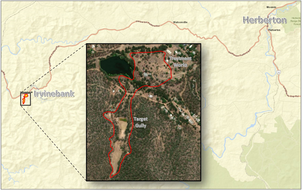 Map with aerial photo inset showing location of Target Gully and treatment works at the Irvinebank site