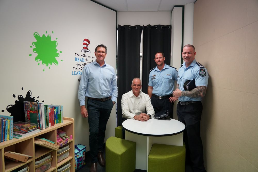 Minister for Police and Emergency Services, State Member for Mackay, Acting Inspector Benson and Acting Inspector Hildebrand in the child-friendly room at the new Vulnerable Persons Hub.