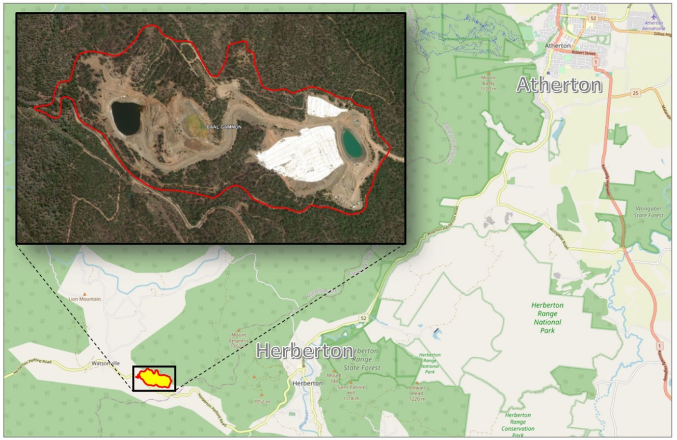 Map with aerial photo inset showing location and features of Baal Gammon site