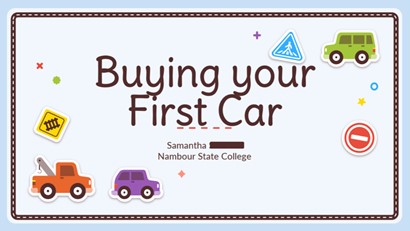 Introductory slide with title buying your first car and some cars and road signs.
