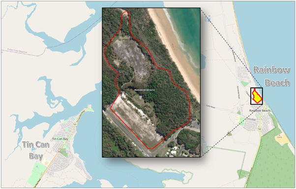 Map and aerial photo inset showing the location of the Rainbow Beach site