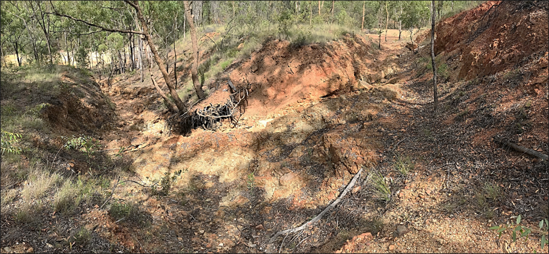 View of the tailings dam spillway before remediation showing erosion damage