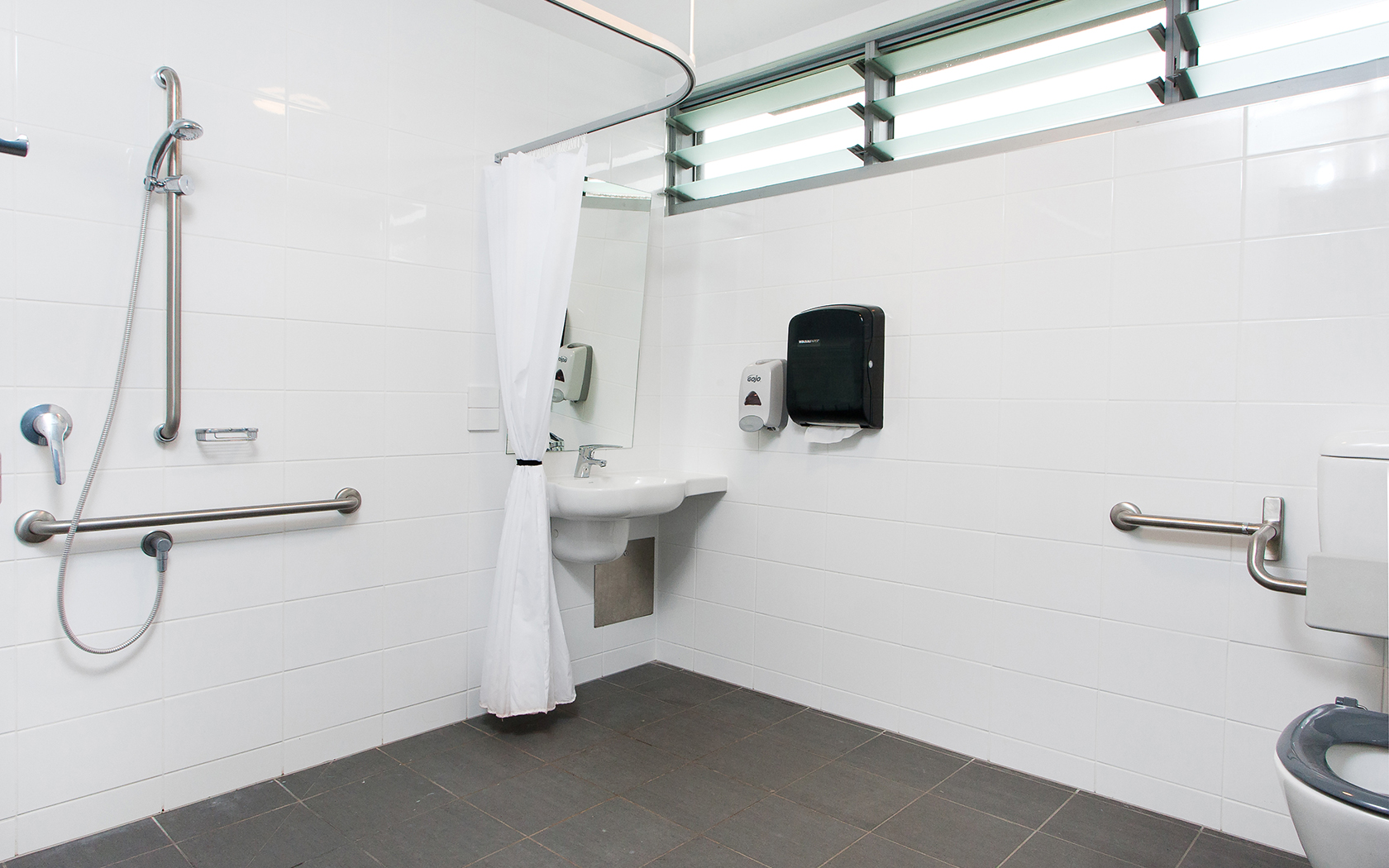 Accessible bathroom in the Moffat building at the Sunshine Coast Recreation Precinct.