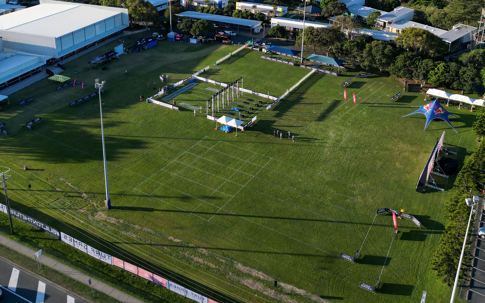 Aerial view of outdoor ovals and buildings at the Gold Coast Precinct