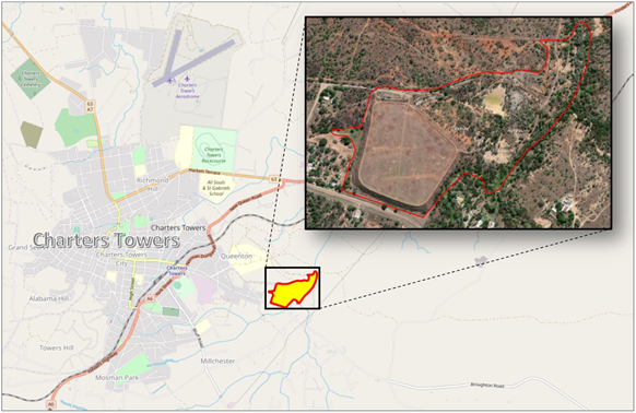 Map with aerial photo inset showing the location and features of the Chariah site