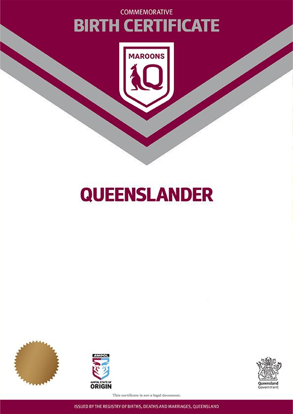 Maroons commemorative birth certificate Maroons